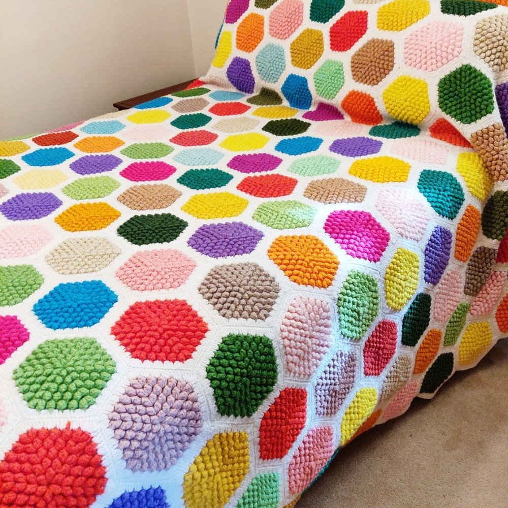 Vintage Hand Crochet or Knit Bright MOD Bedspread Afghan QUEEN Neon Candy Colors